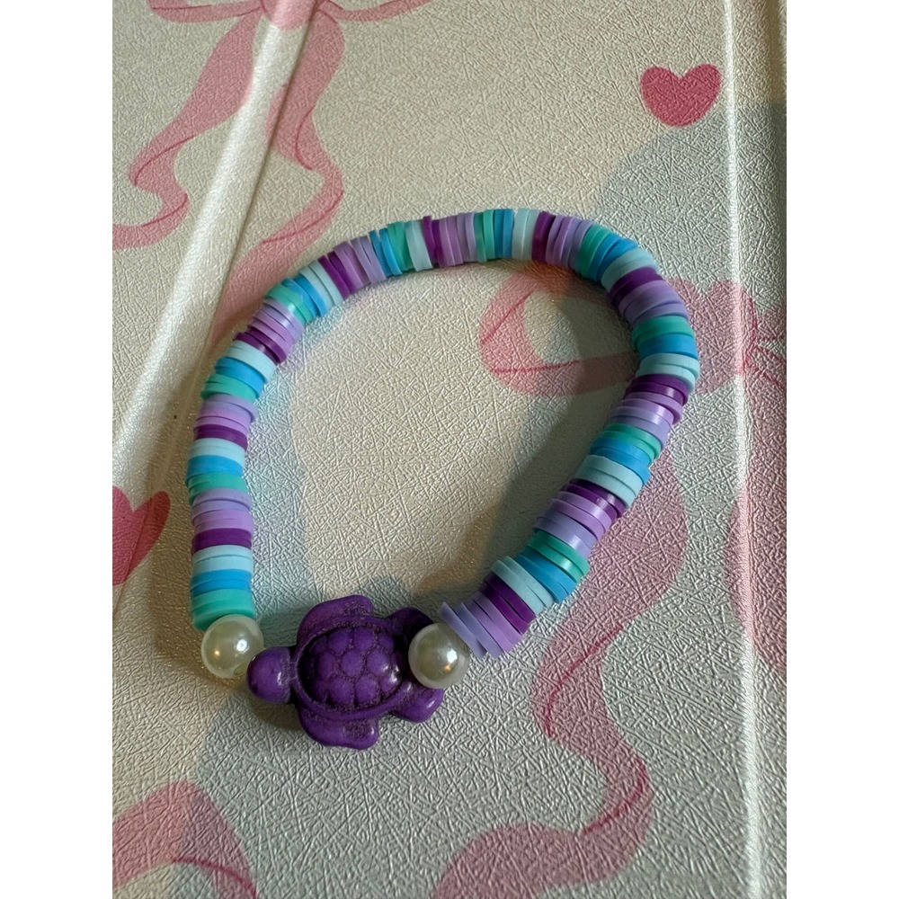 Handmade Purple Turtle Heishi Bead Stretch Bracelet Blue Teal Coastal Jewelry